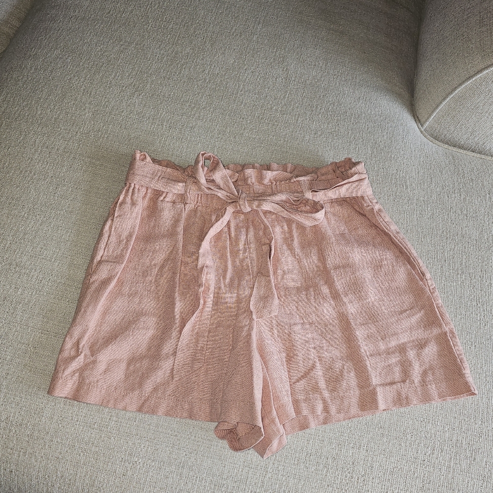 Pink Linen Shorts with Tie Waist